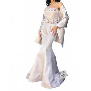 NEW TERANI COUTURE strapless long slim dress in taupe